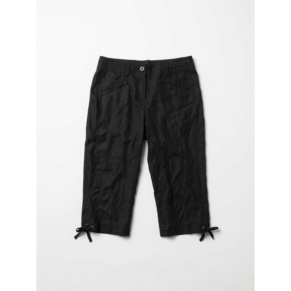 Larry Levine Black Linen Blend Cropped Capri Pants Tie Cuff Womens Size 8
